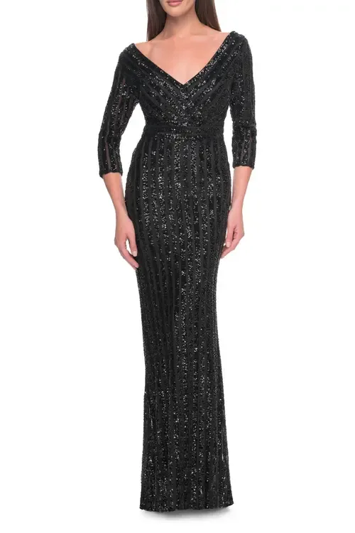 Evening Dress in Unique Sequin Fabric with Sleeves by La Femme