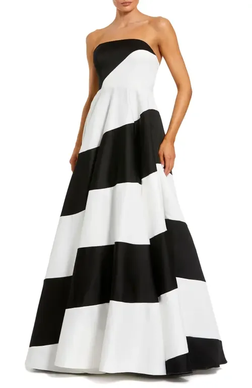 Strapless Satin Ballgown with Bold Colorblock Stripes by Mac Duggal