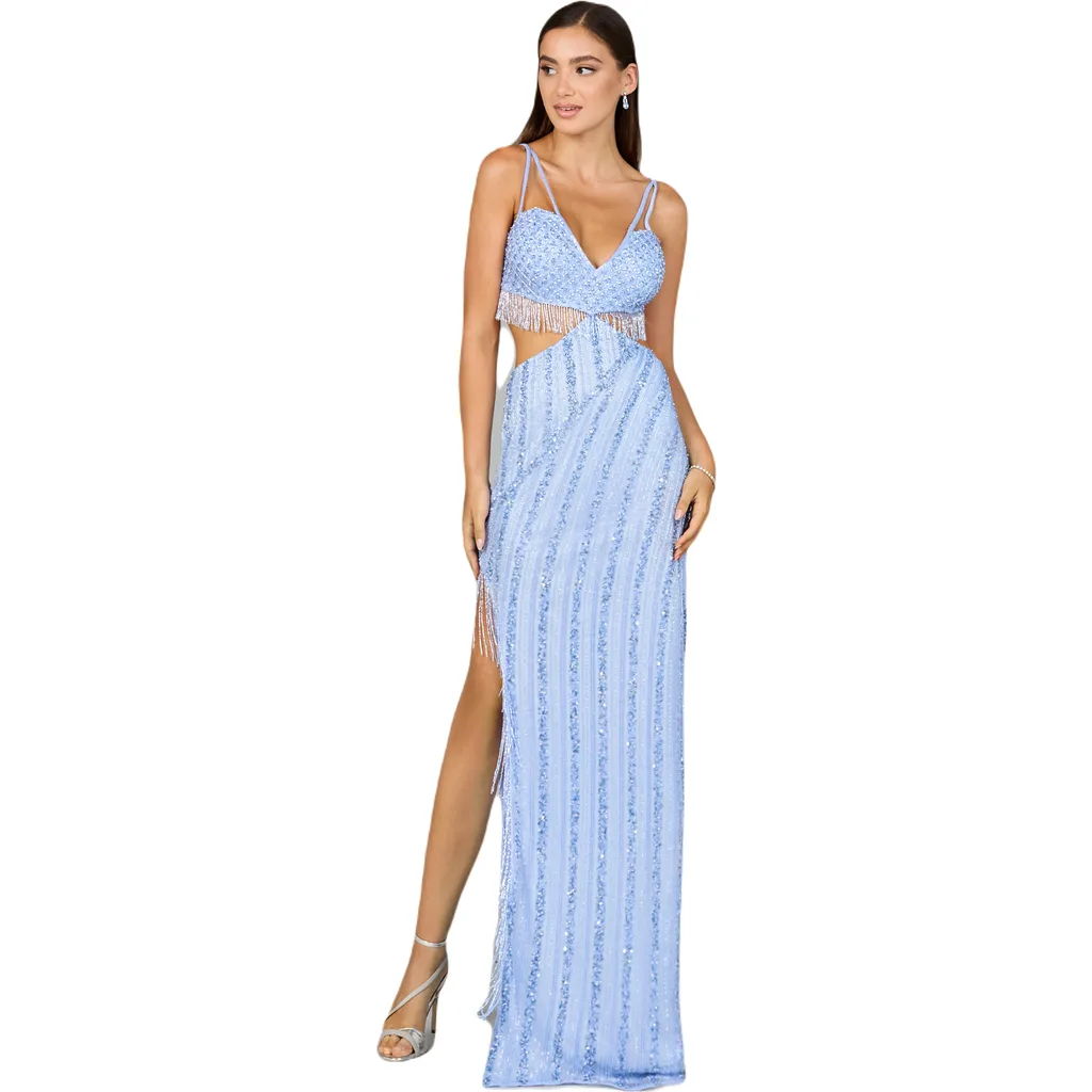Cutout Beaded Gown with Fringes by LARA New York