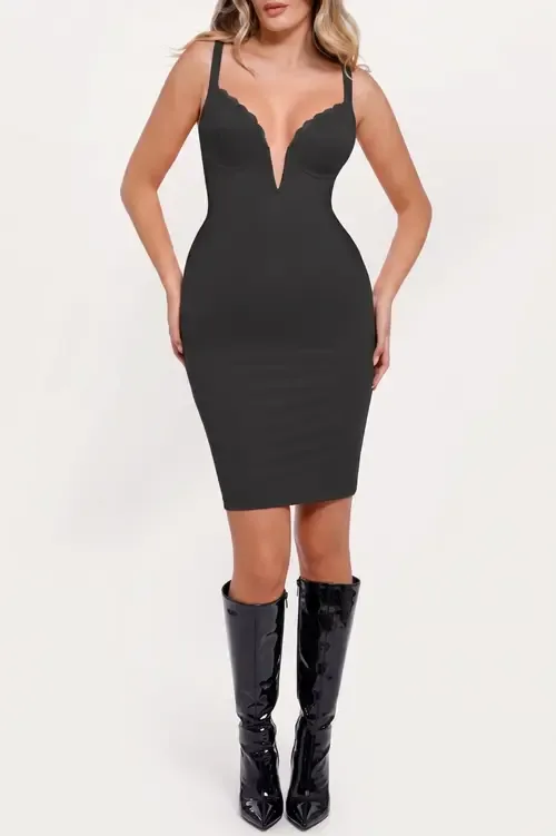Shapewear Plunging V Lace Trim Bodycon Mini Dress by Popilush