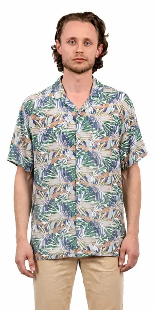 Tropical Print Button-Down Hawaiian Camp Shirt by Mio Marino
