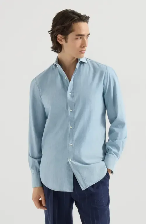 Denim-Effect Chambray Shirt with Spread Collar by Brunello Cucinelli