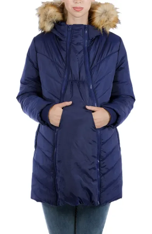 Faux Fur Trim Convertible Puffer 3-In-1 Maternity Jacket by Modern Eternity Maternity