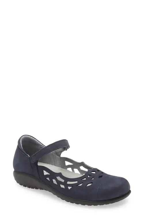 Agathis Mary Jane Flat in Navy Velvet Nubuck Leather by Naot