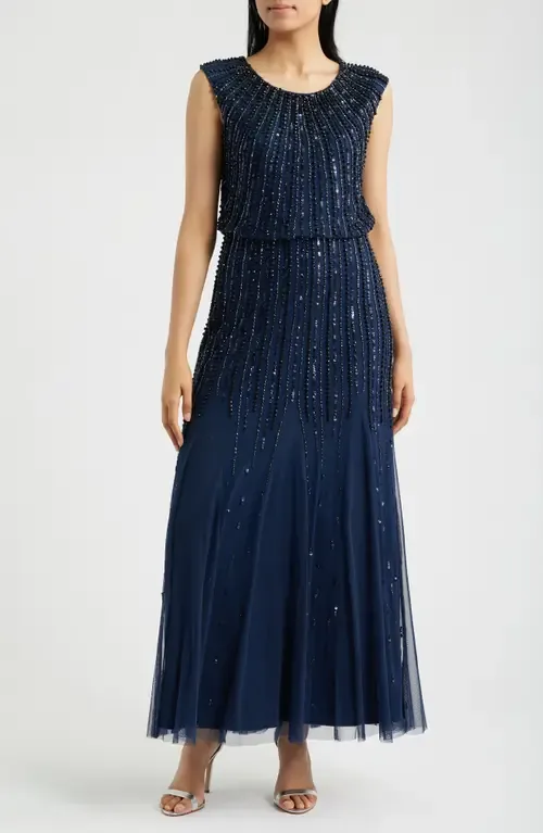 Beaded Blouson Gown by Pisarro Nights