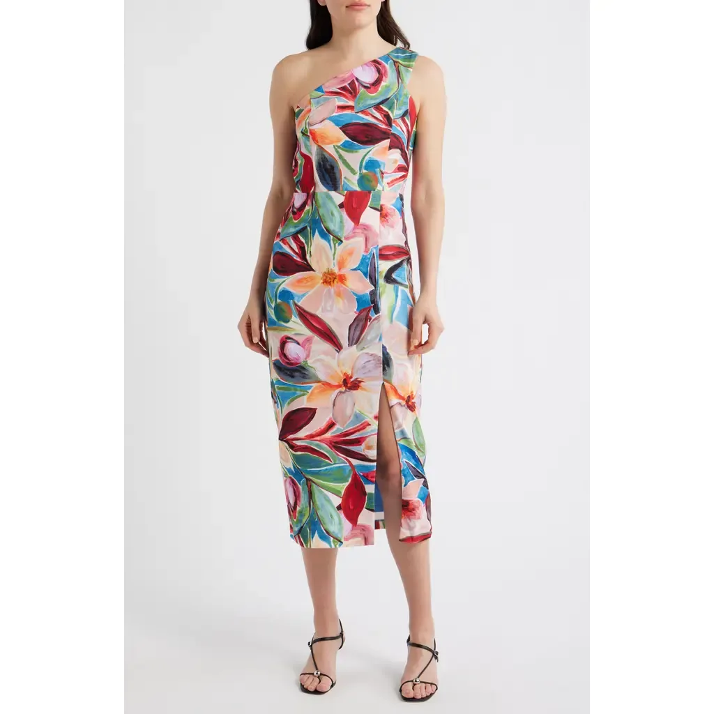 One-Shoulder Tropical Floral Midi Dress by Vince Camuto