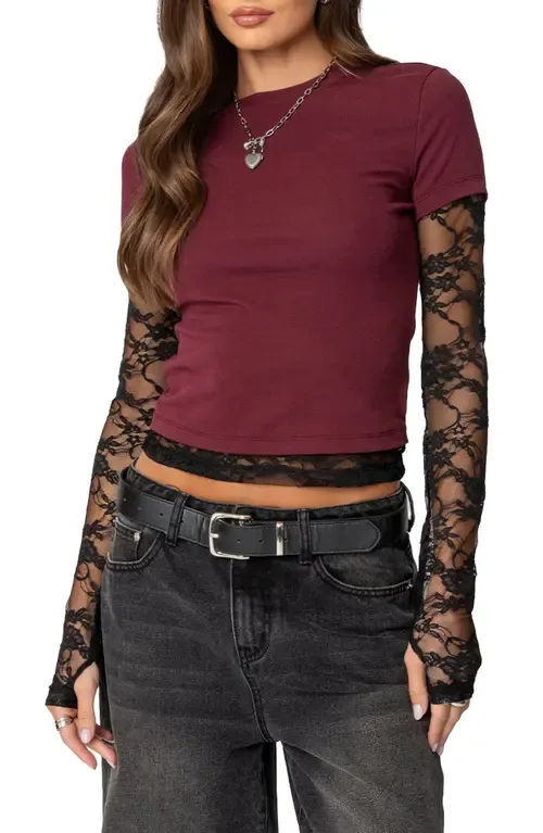 Layered Lace Sleeve T-Shirt by EDIKTED