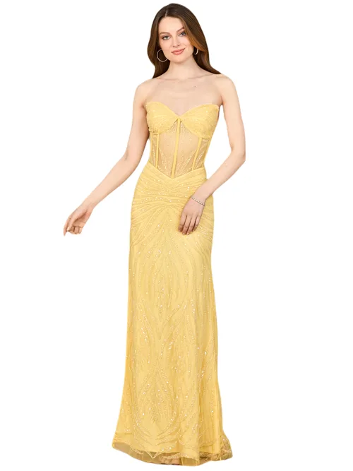Beaded Corset Prom Dress with Slit by LARA New York