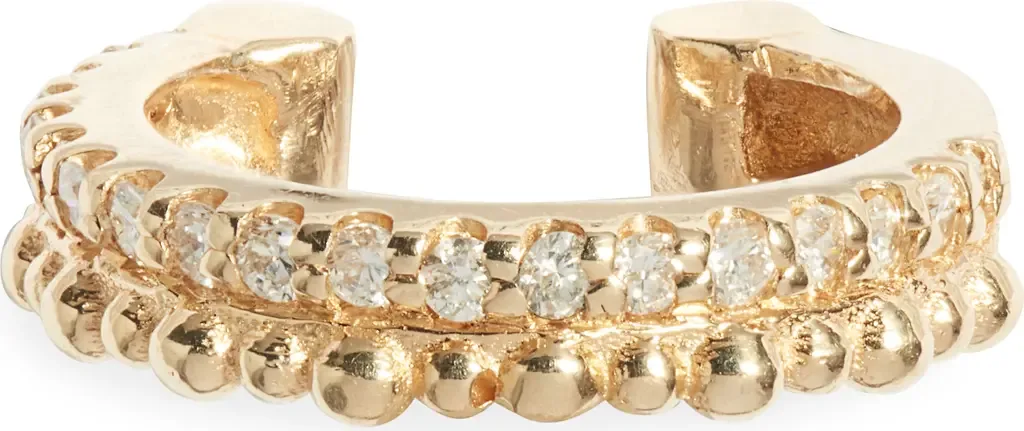 Single Dew Drop Double Pavé Diamond Ear Cuff in Yellow Gold by Anzie