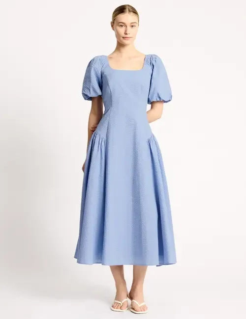 Seersucker Square Neck Tiered Midi Dress