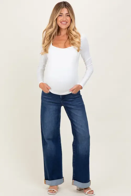High Rise Wide Leg Cuffed Maternity Jeans by PinkBlush