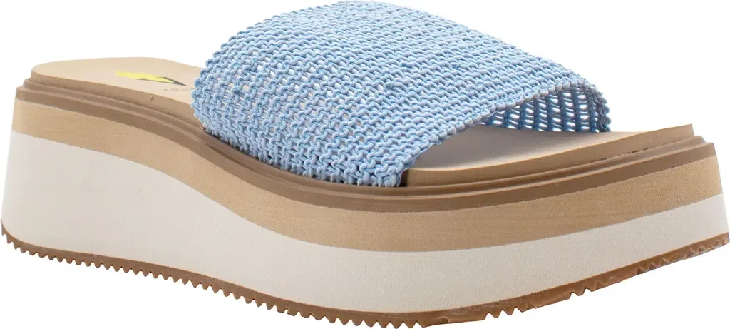 Portobello Platform Wedge Sandal in Blue Raffia by Volatile