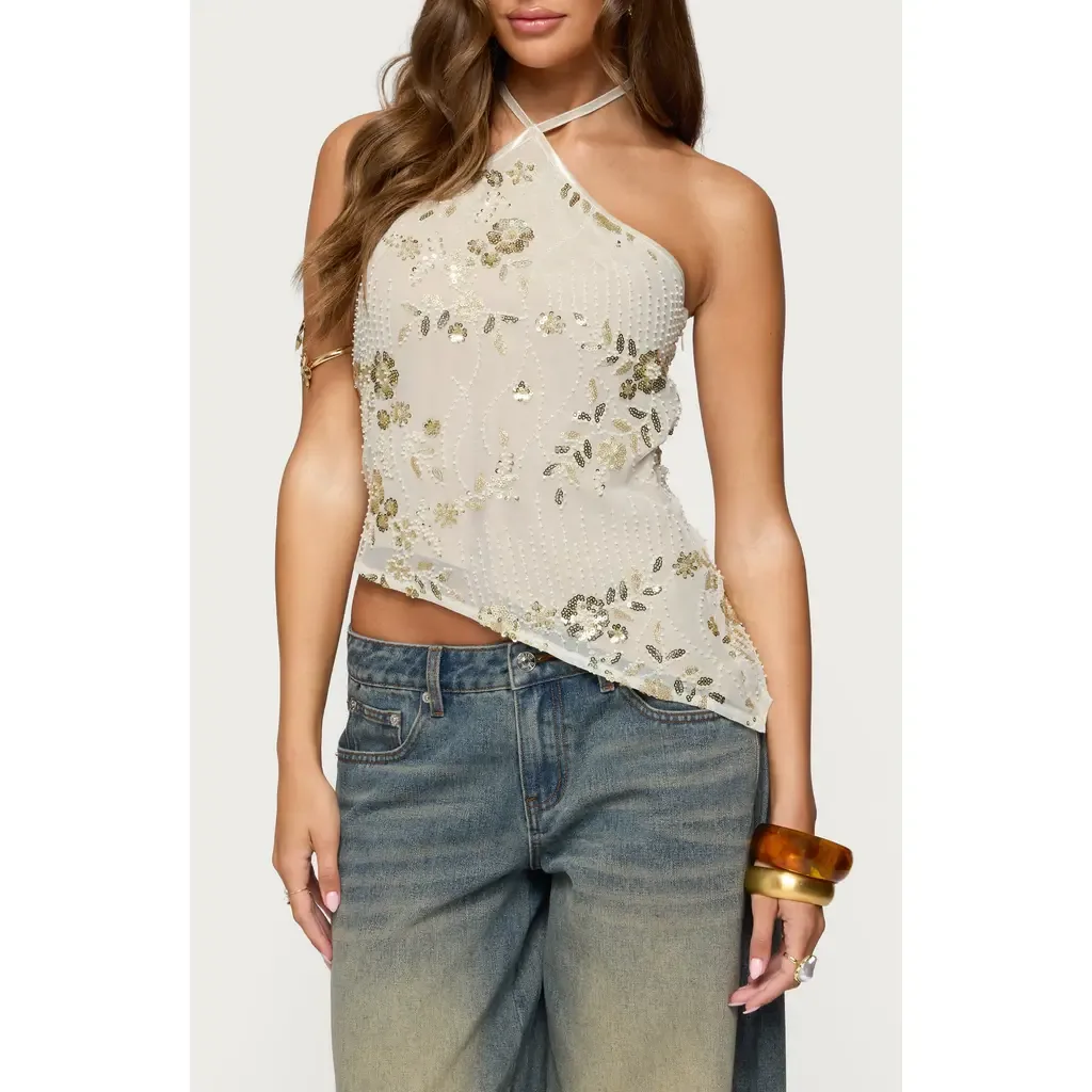 Beaded Sequin Asymmetric Halter Top by EDIKTED