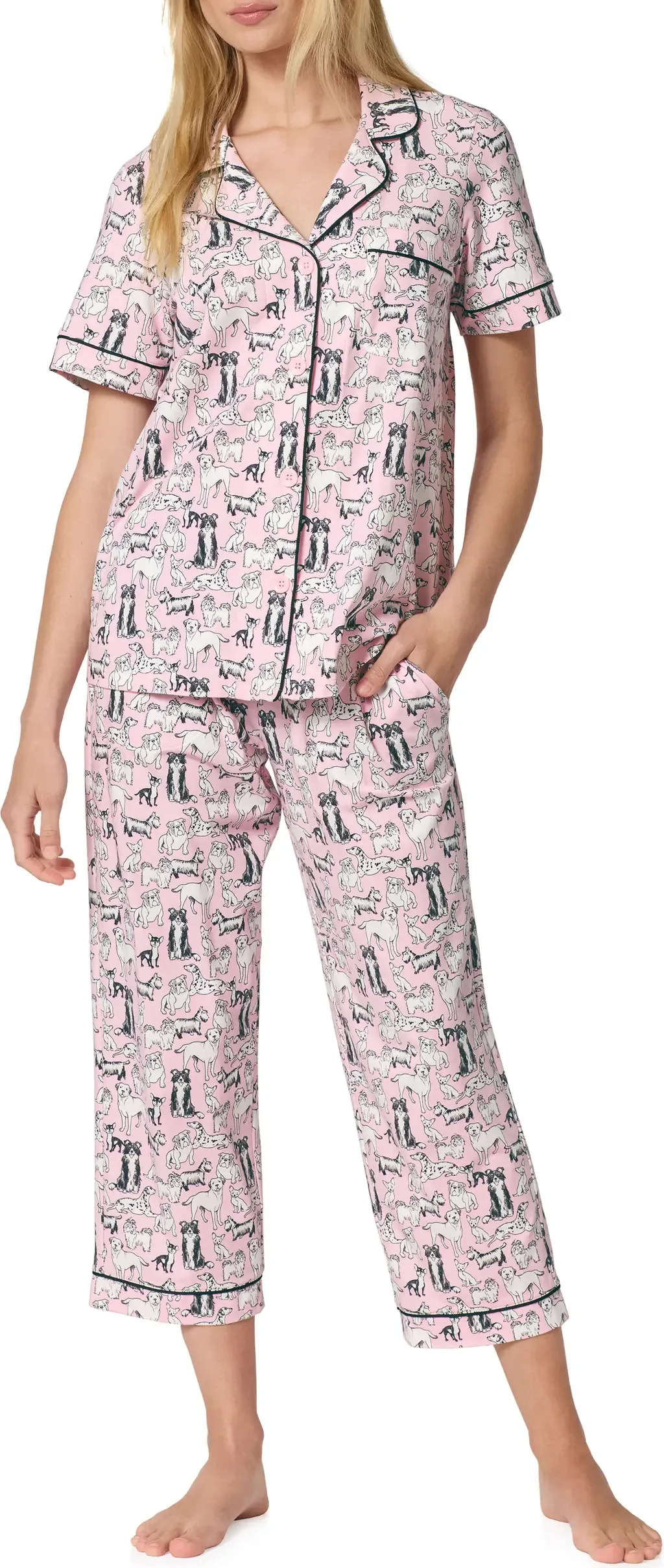 Print Stretch Organic Cotton Jersey Crop Pajamas