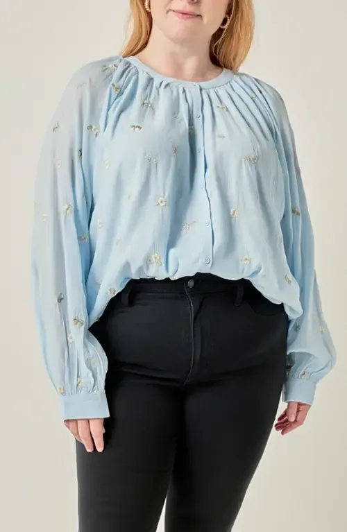 Embroidered Button Front Blouse by English Factory