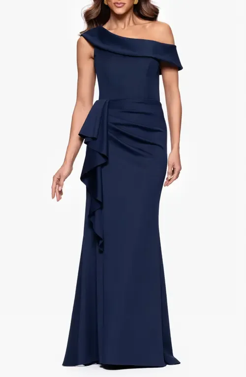 Ruffle One-Shoulder Scuba Knit Gown by Xscape Evenings
