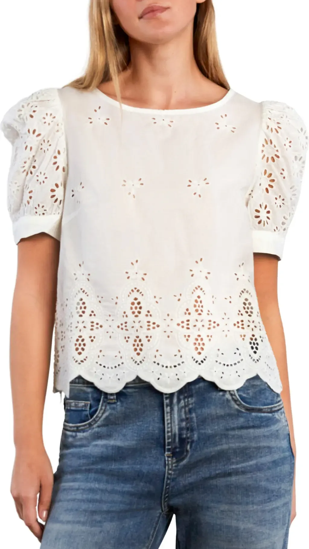 Halo Eyelet Puff Sleeve Cotton Blend Top