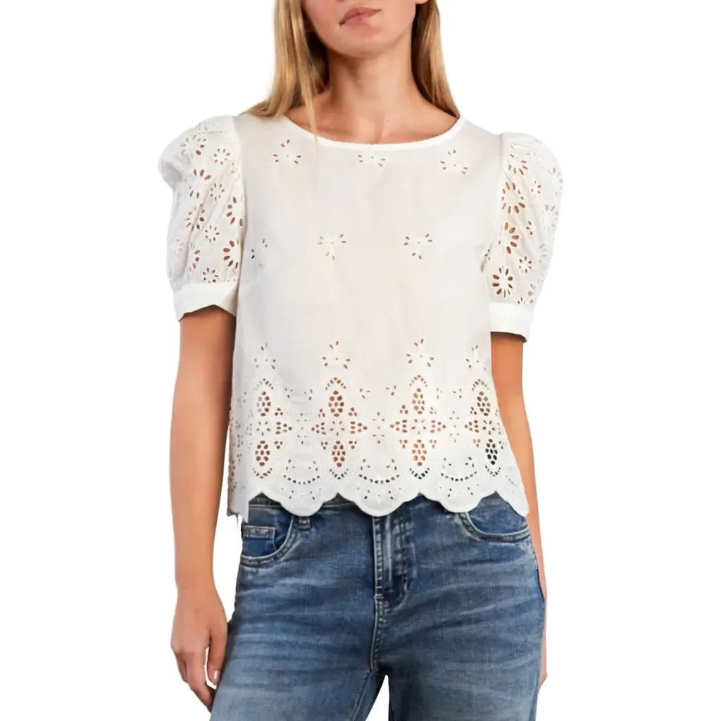 Halo Eyelet Puff Sleeve Cotton Blend Top