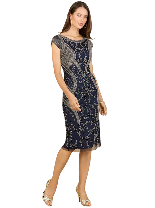 Cap Sleeve Midi Gown with High Neckline