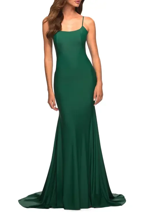 Chic Luxe Jersey Gown with Train and V Back by La Femme