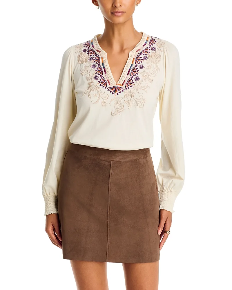 Henley Embroidered Cotton Bishop Sleeve Tee by Johnny Was
