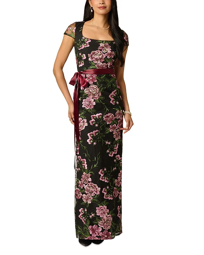 Satin Belt Jacquard Column Gown by Adrianna Papell