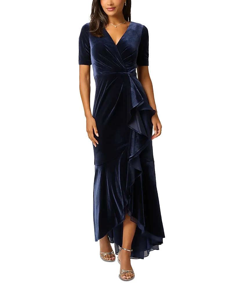Stretch Velvet Cascade Ruffle Gown by Adrianna Papell