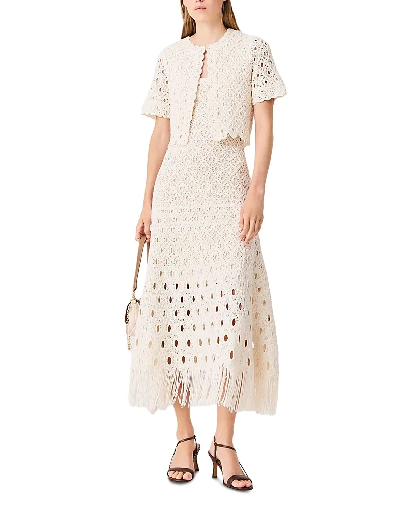 Fringed Crochet Crewneck Cardigan by Maje