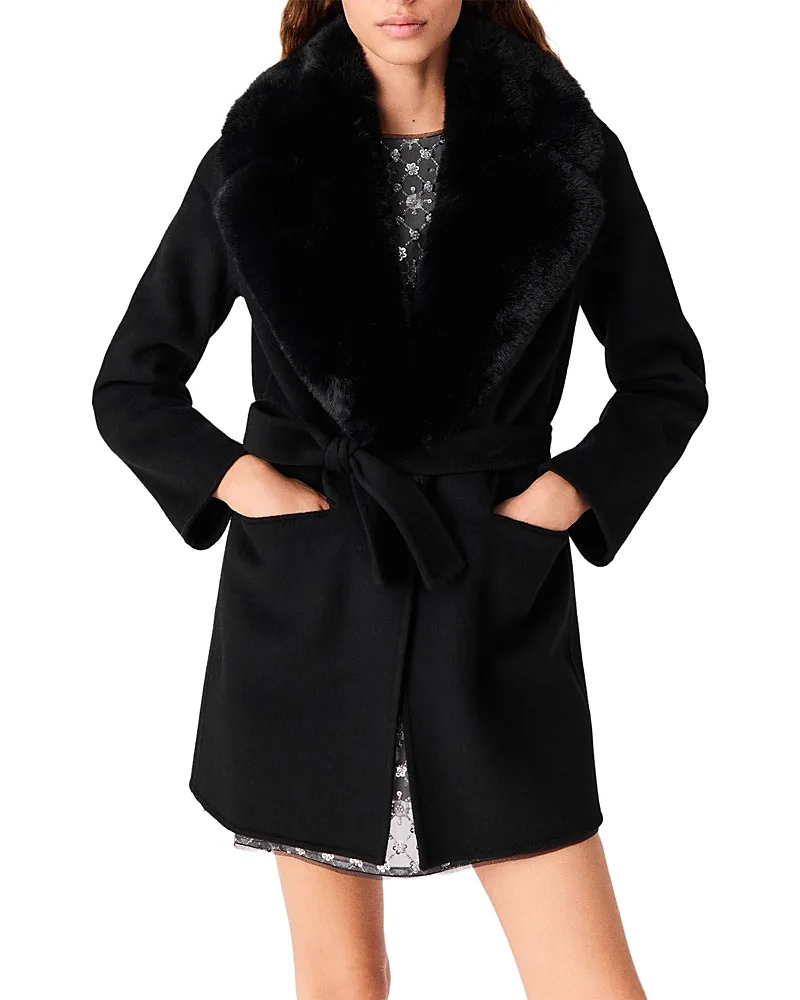 Wool Blend Faux Fur Trim Belted Coat by Maje
