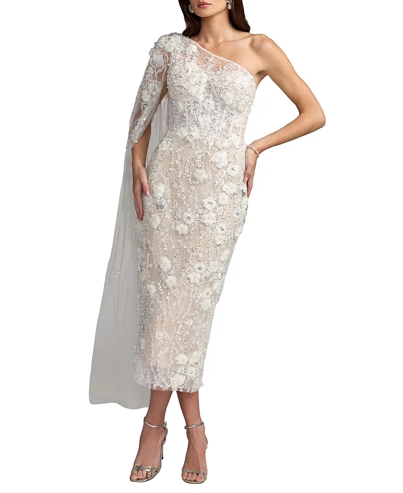Mac Duggal Beaded One Shoulder Corset Midi Dress by M.A.C.