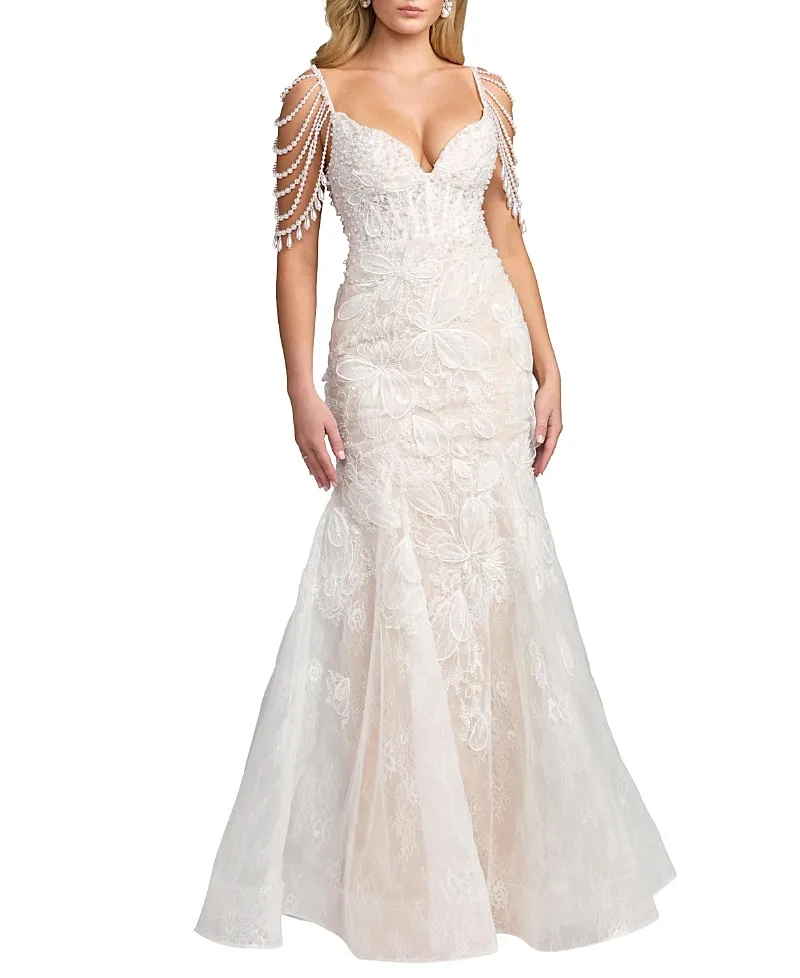 Mac Duggal Floral Lace Mermaid Gown with Draped Beading by M.A.C.
