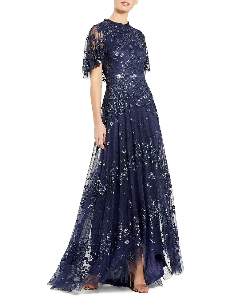 Mac Duggal Sequined High Neck Flutter Sleeve a Line Gown by M.A.C.
