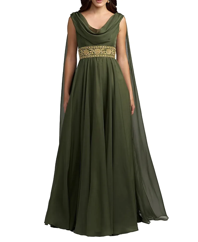 Mac Duggal Cowl A-Line Gown with Beaded Belt by M.A.C.