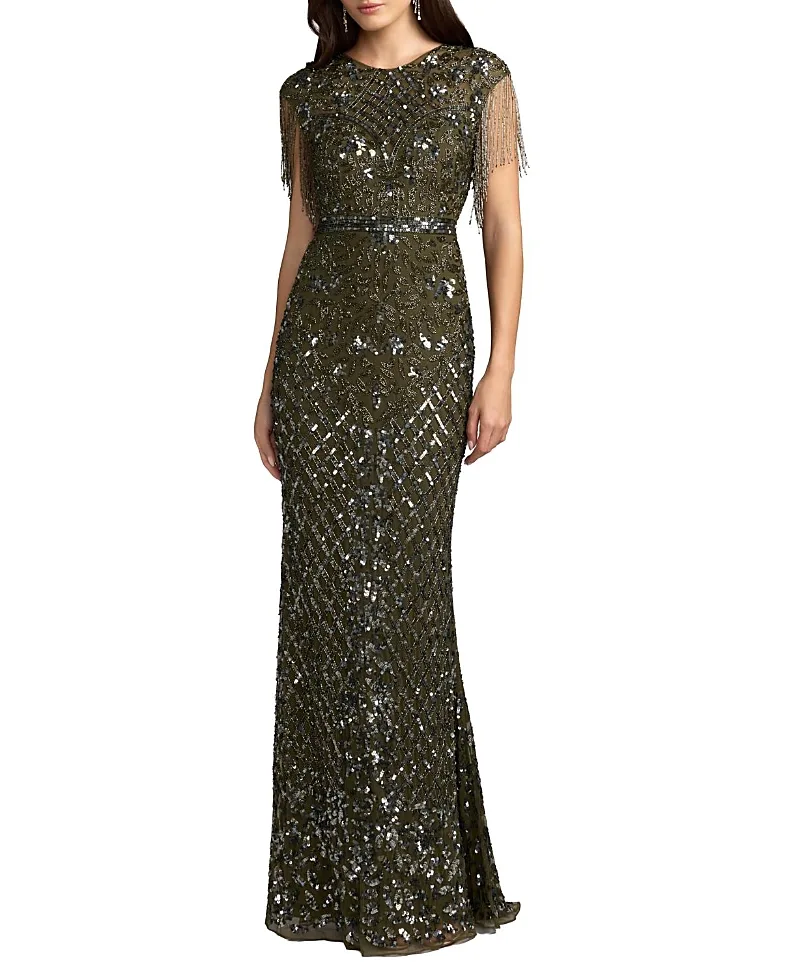 Mac Duggal Beaded Fringe High-Neck Fitted Evening Gown