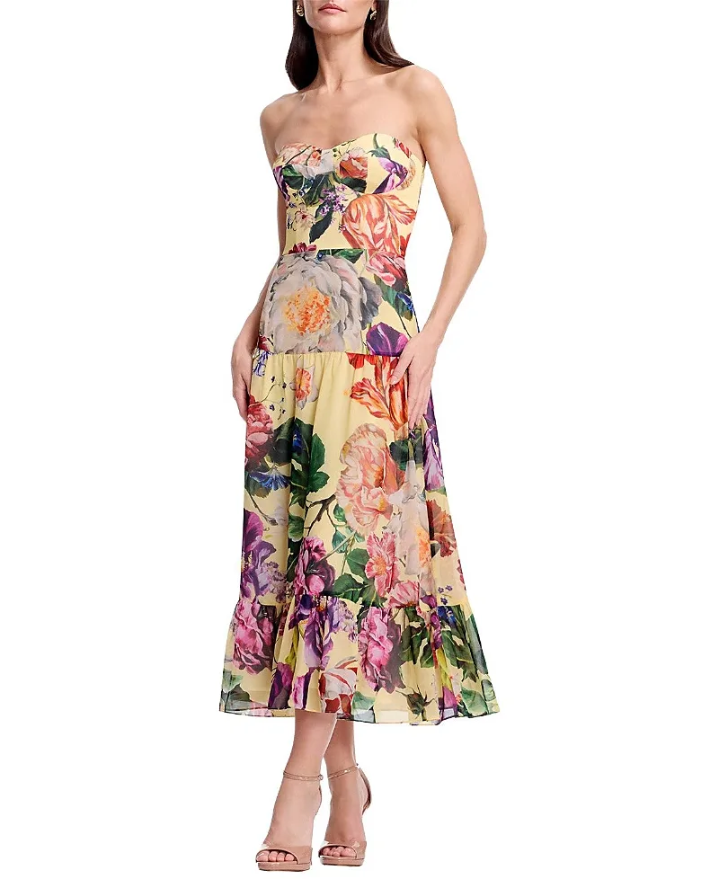 Prescott Strapless Sweetheart Floral Print Tiered Midi Dress by Dress the Population
