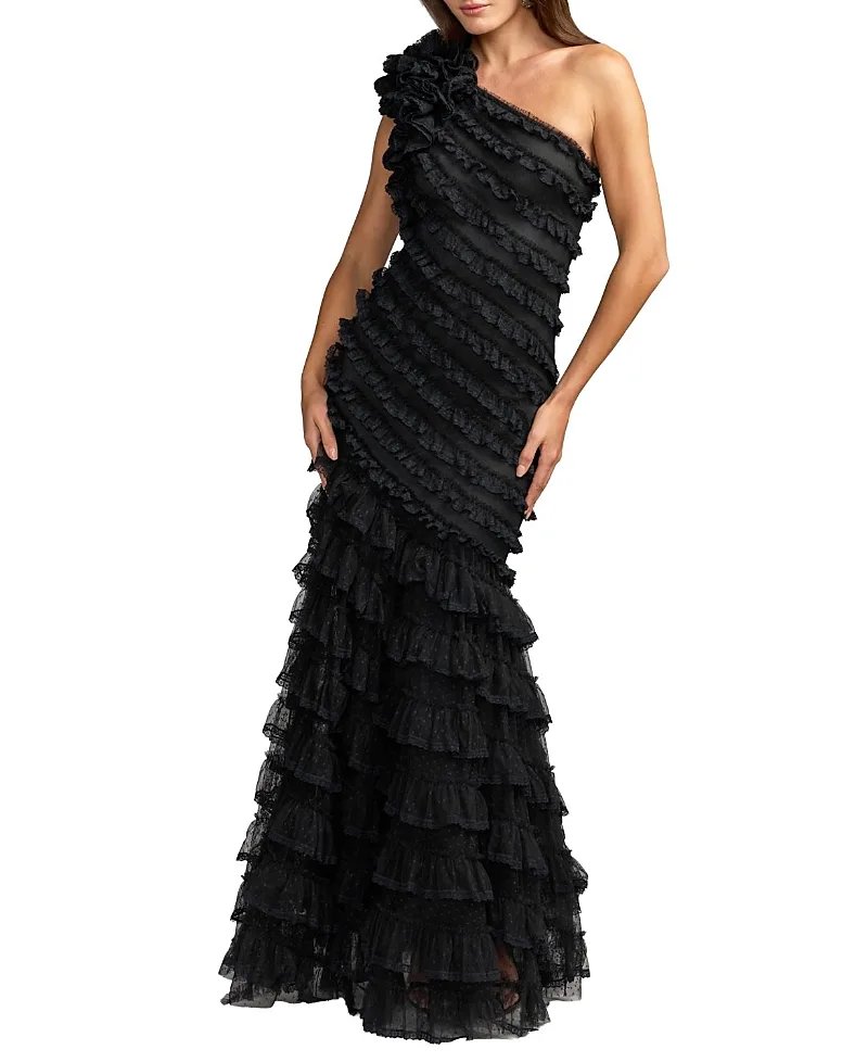 Mac Duggal Sleeveless One Shoulder Lace Trim Ruffle Gown by M.A.C.
