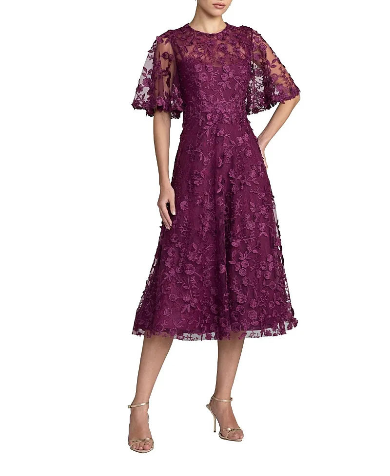 Mac Duggal Flutter Sleeve Floral Embroidered Midi Dress by M.A.C.