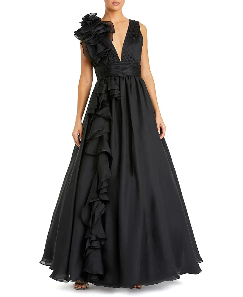 Mac Duggal Ruffle Shoulder V-Neck Chiffon Gown by M.A.C.