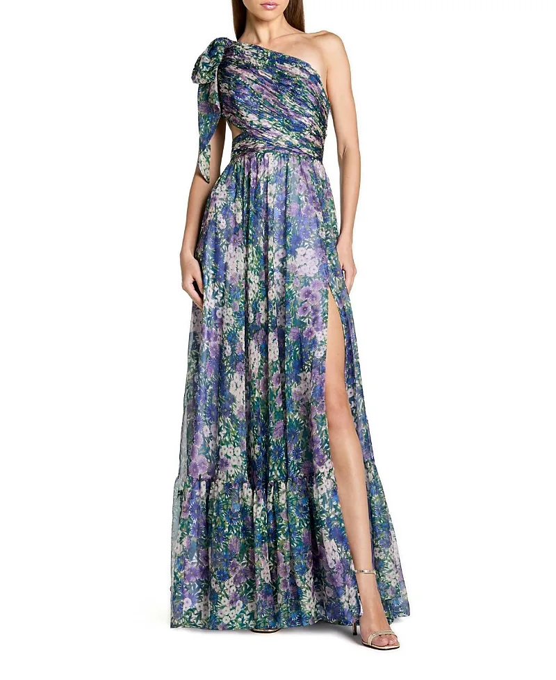 Mac Duggal One Shoulder Floral Printed Chiffon Side Cut Out Gown
