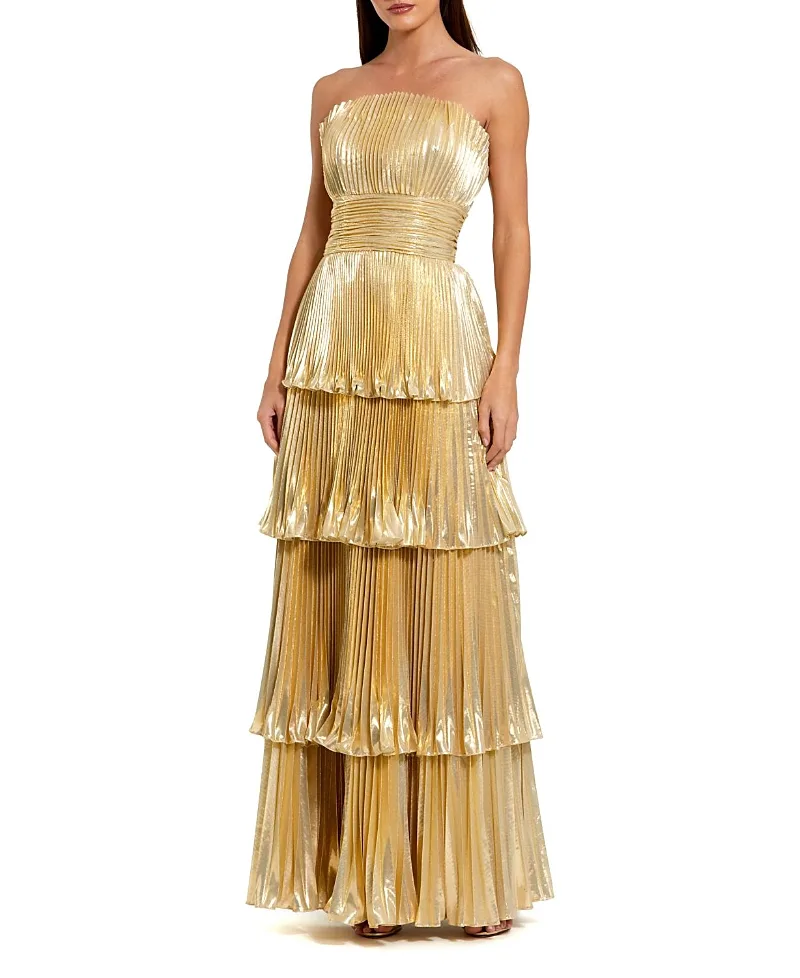 Mac Duggal Strapless Pleated Metallic Layered High Low Gown