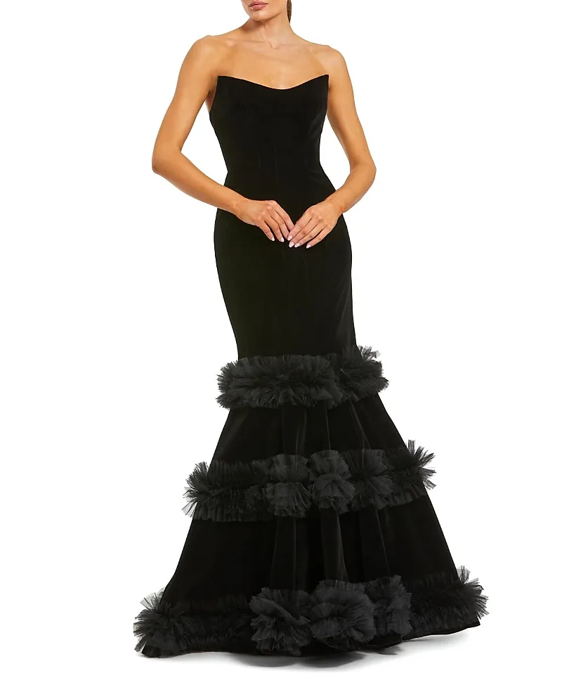 Mac Duggal Strapless Velvet Mermaid Gown with Tiered Ruffles by M.A.C.
