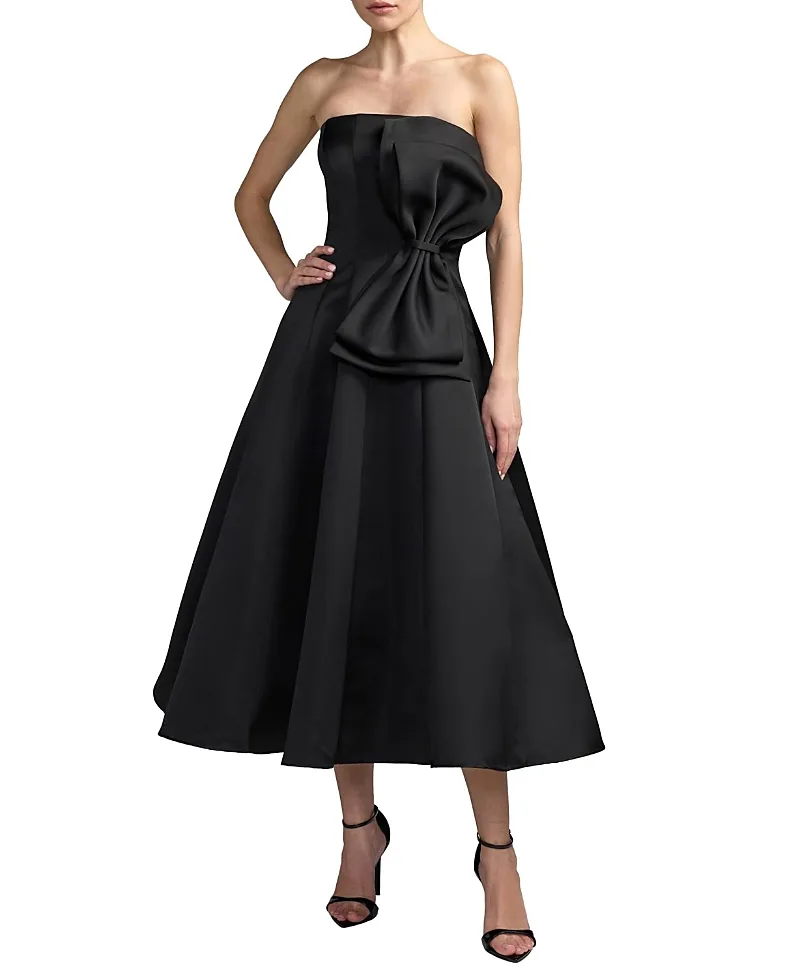 Mac Duggal Strapless Satin A-Line Midi Dress with Bow by M.A.C.