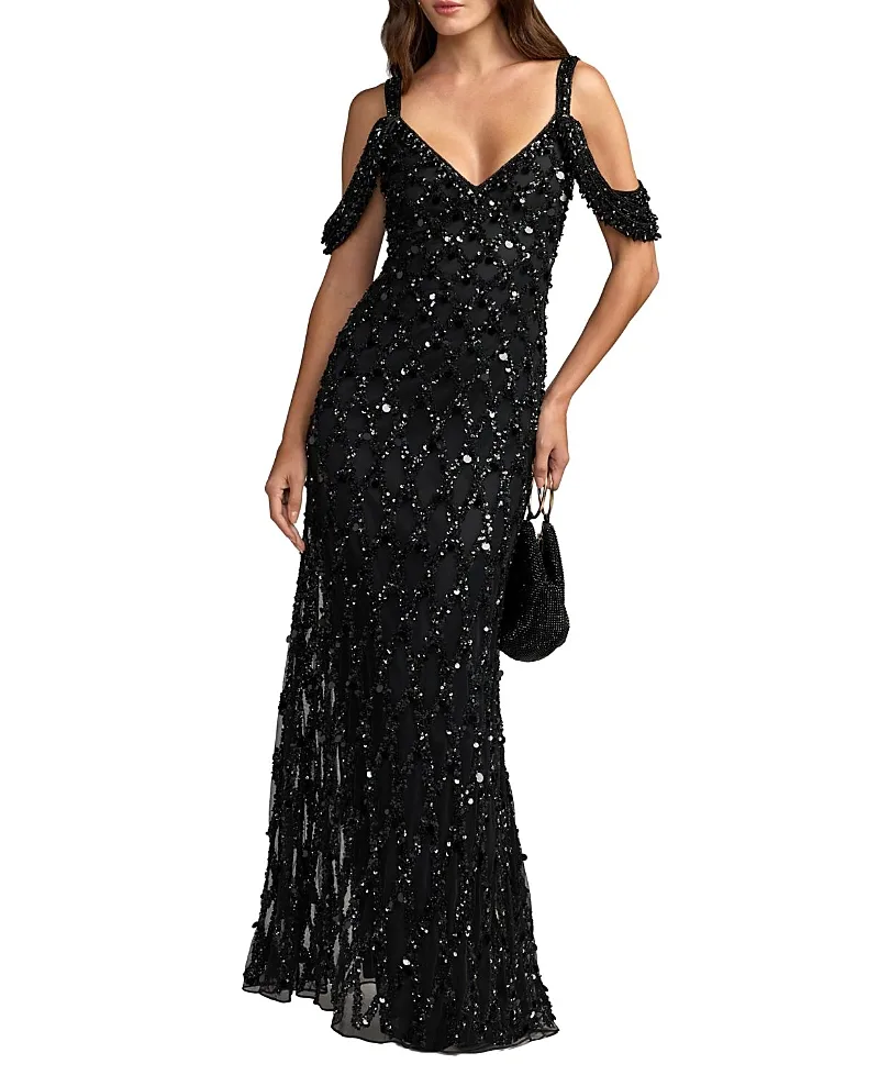 Mac Duggal Sequin Embellished V-Neck Gown