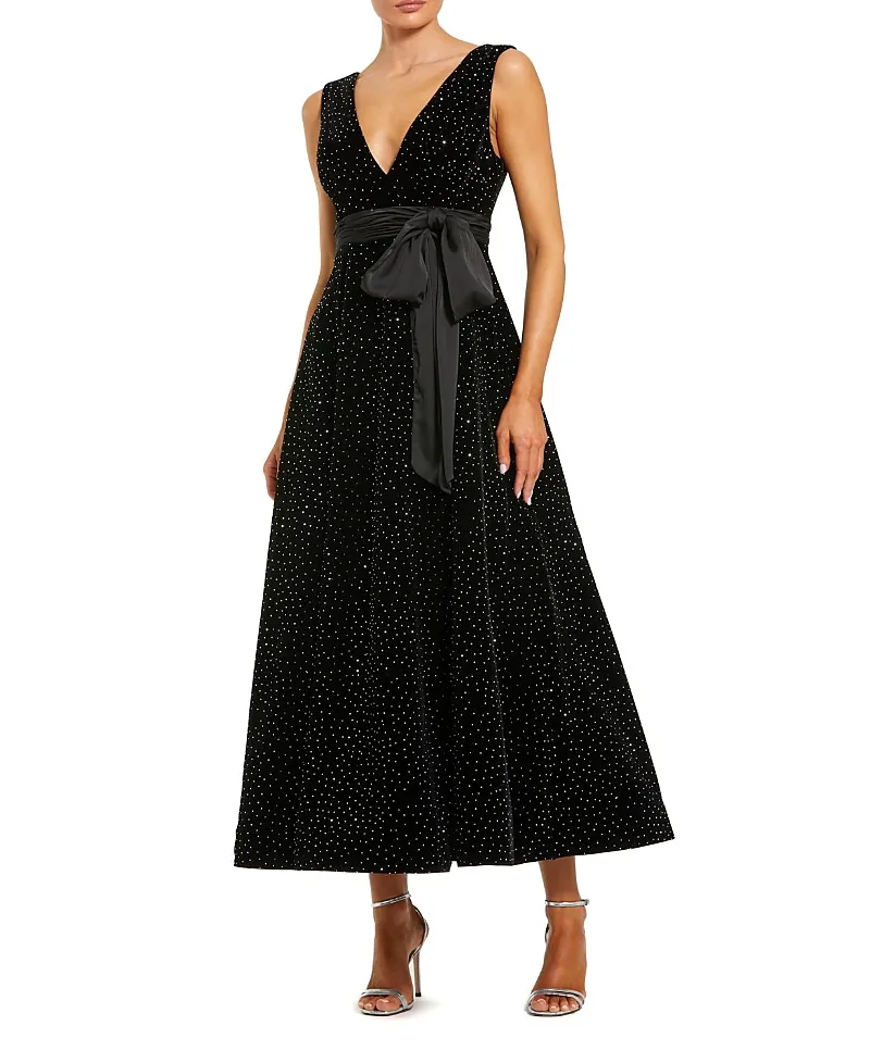 Mac Duggal Embellished Velvet Midi Dress with Bow by M.A.C.