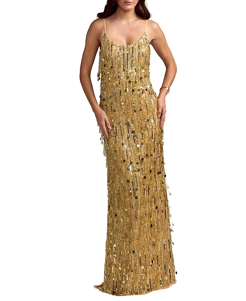 Mac Duggal Embellished Fringe Sleeveless Column Gown by M.A.C.
