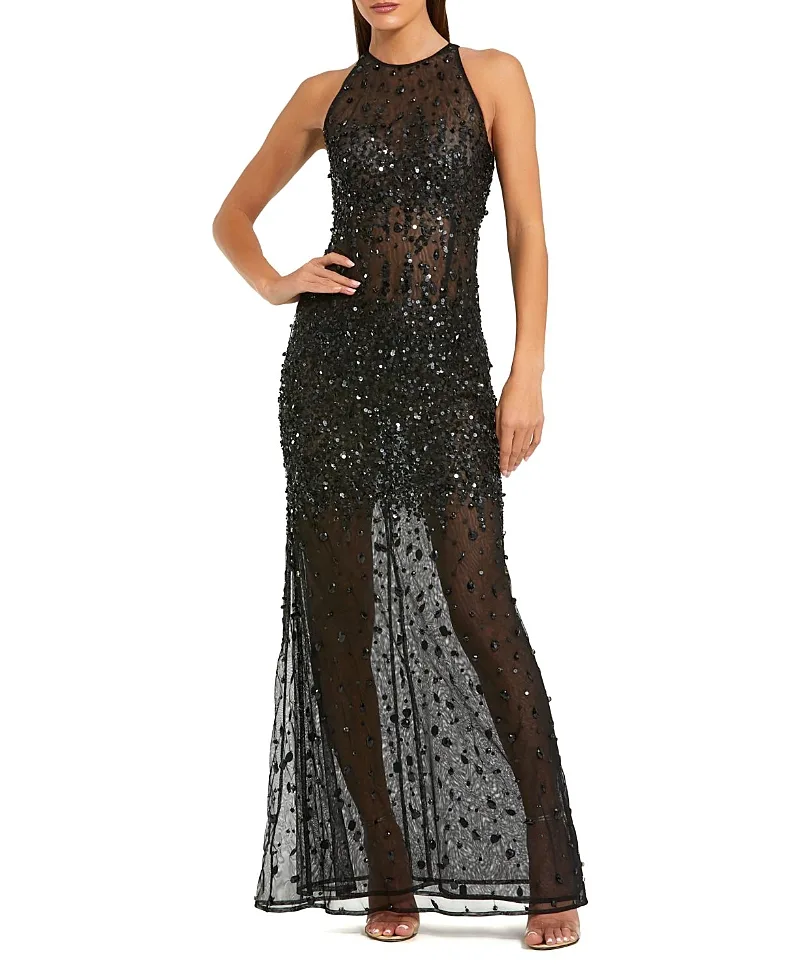 Mac Duggal Beaded Mesh Sleeveless High Neck Fitted Gown