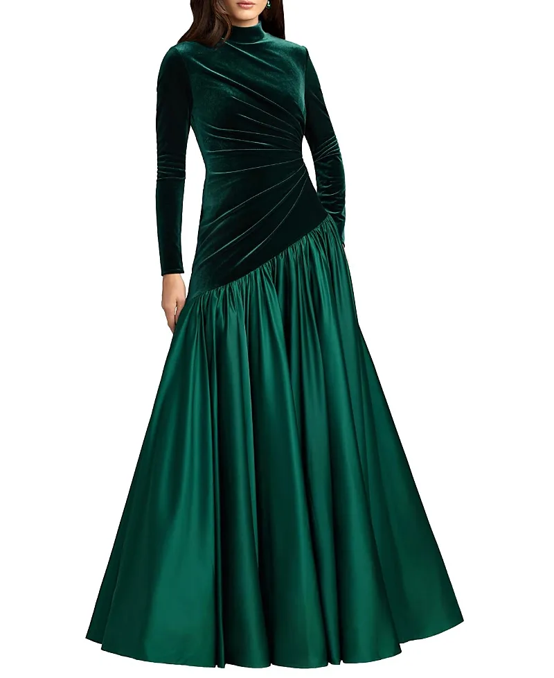 Mac Duggal Velvet Long Sleeve Mock Neck Charmeuse Skirt Gown by M.A.C.