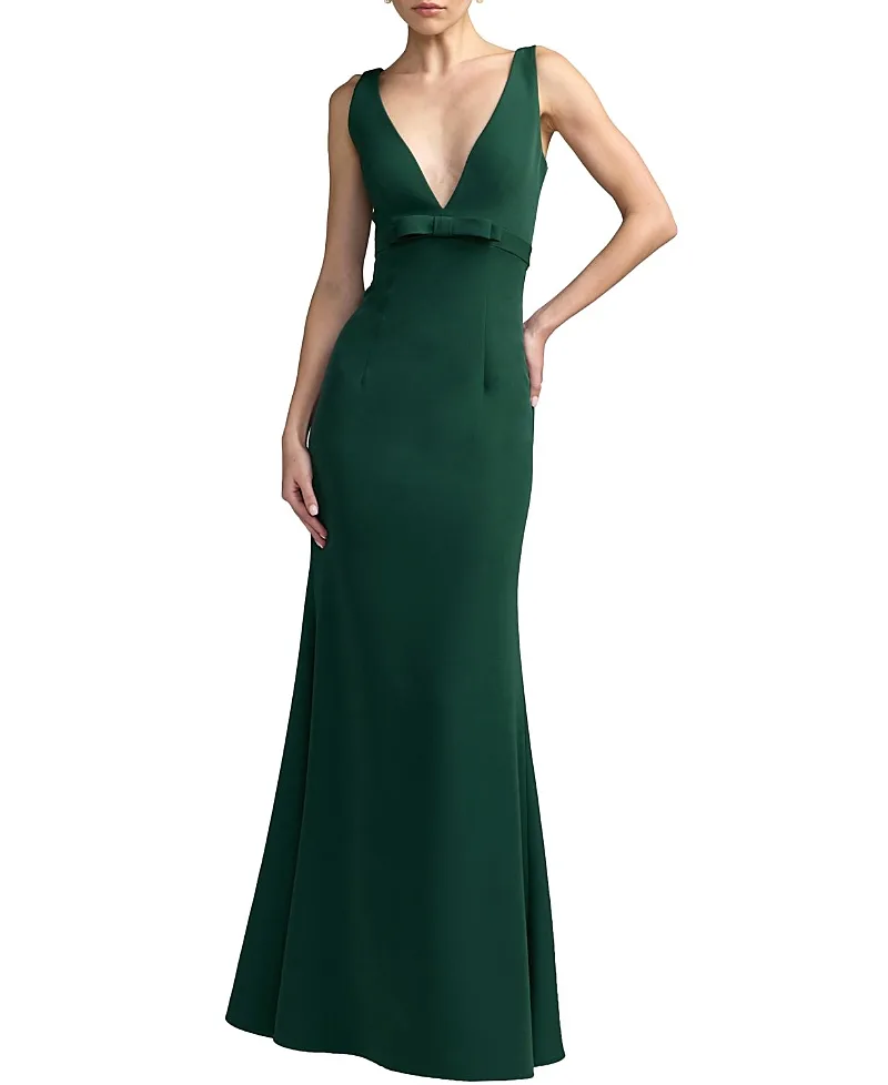 Mac Duggal Crepe Sleeveless V Neck Mermaid Gown with Bow by M.A.C.