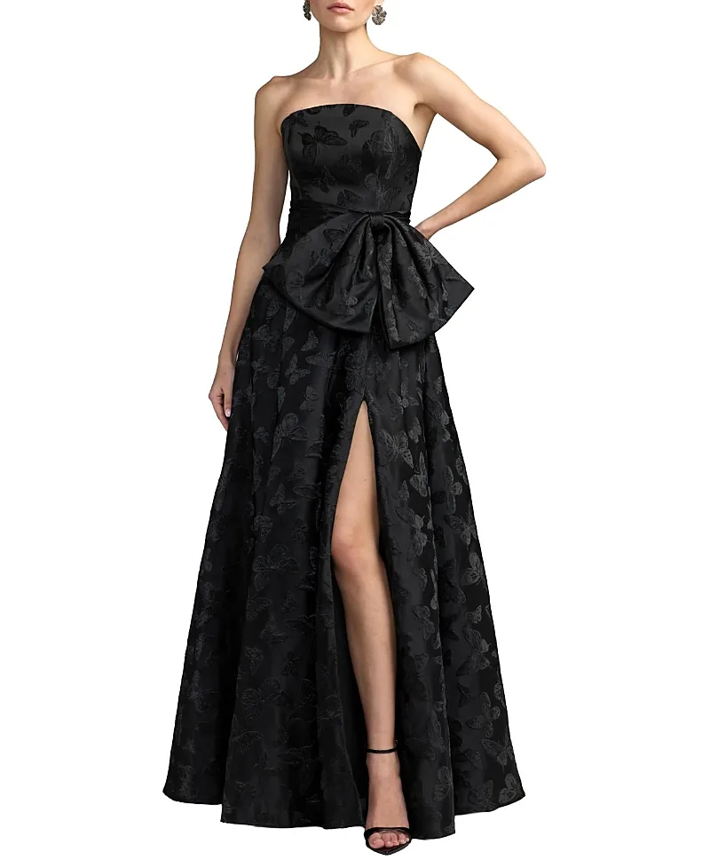 Mac Duggal Strapless Butterfly Brocade A-Line Gown with Bow