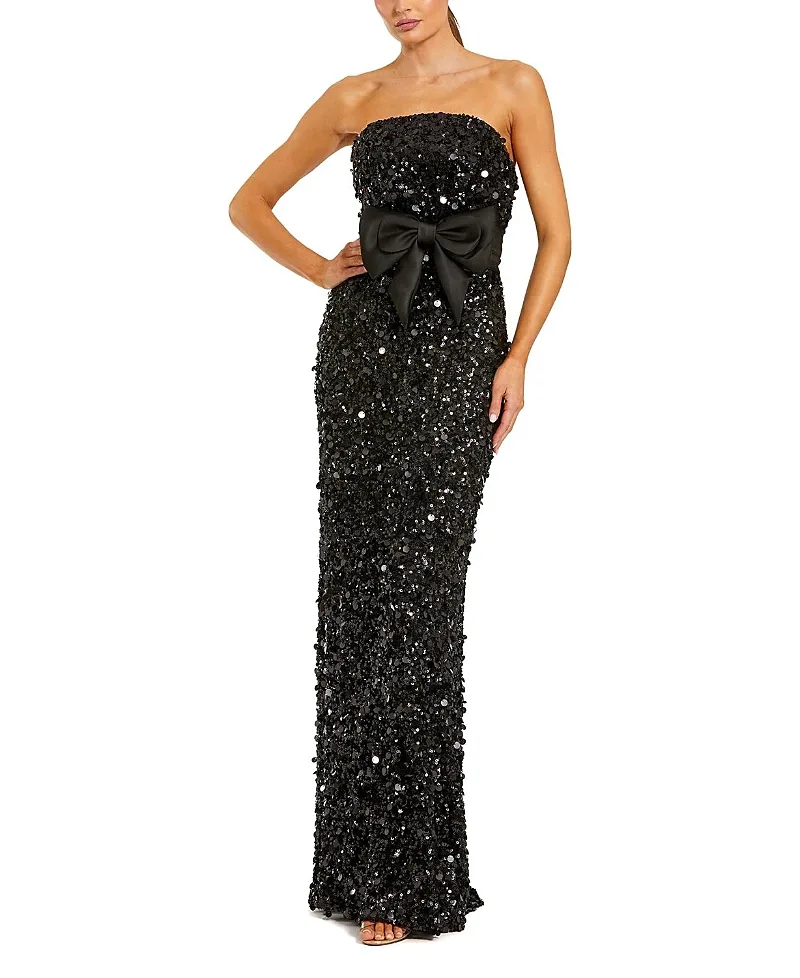 Mac Duggal Strapless Sequin Column Gown with Velvet Bow